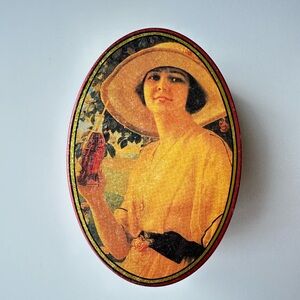 Vintage Coca-Cola Gold Tin Can Oval 1993 Nostalgic  Photo of Girl Drinking Coke